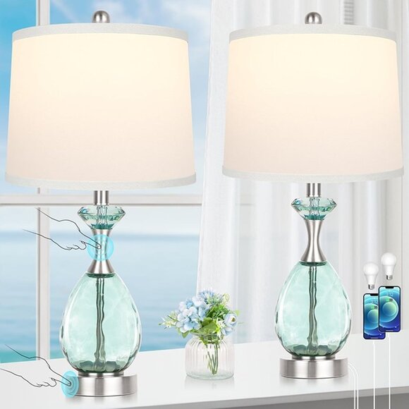 Other - NEW Set of 2 Coastal Glass Table Lamps , 3-Way Dimmable Touch Control Blue